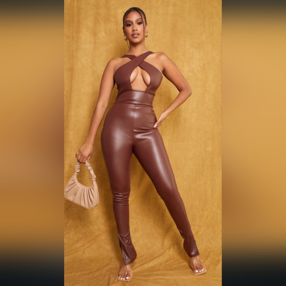 Brown Faux Leather Jumpsuit